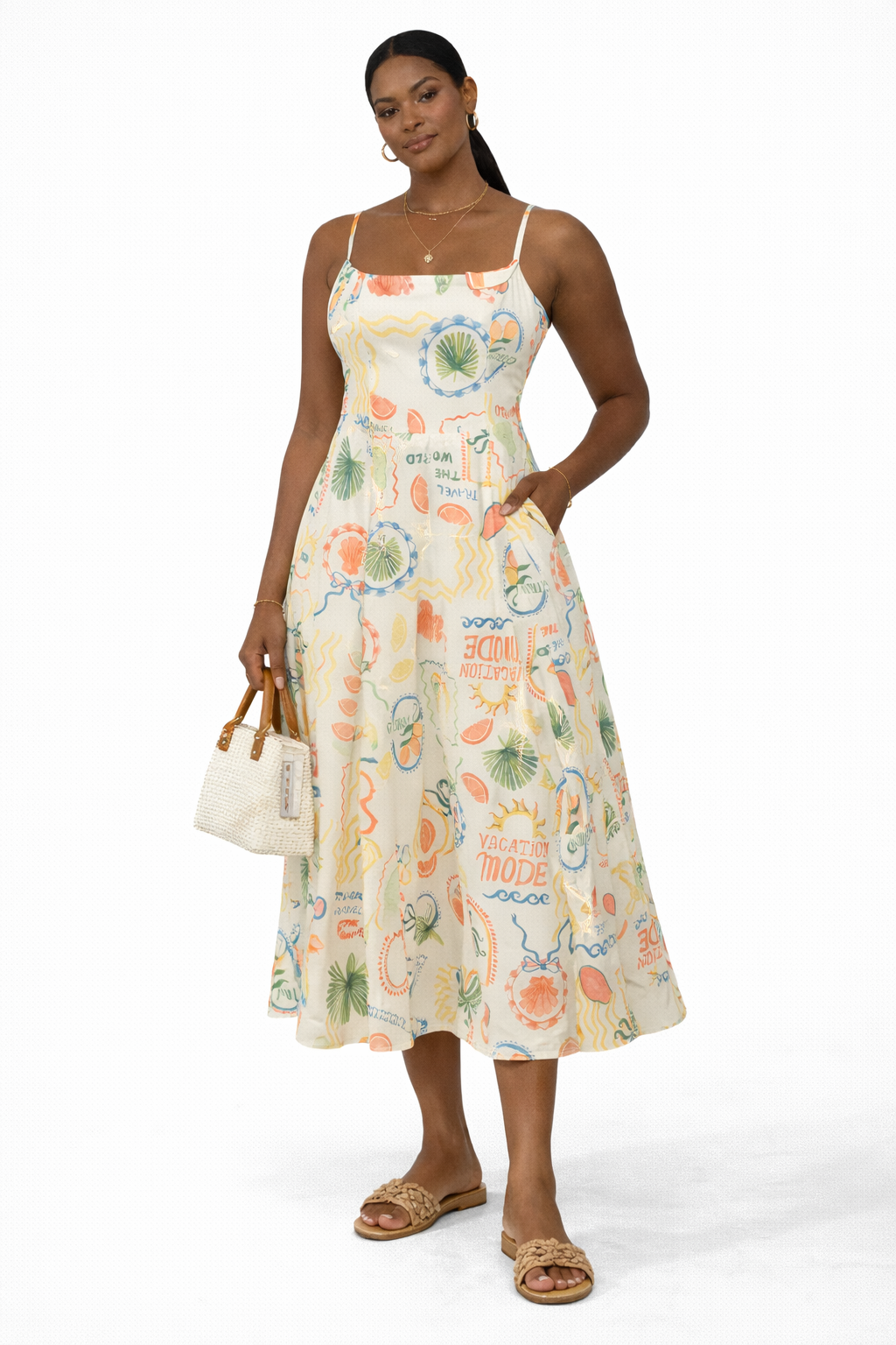Postcard Print Summer Midi Dress