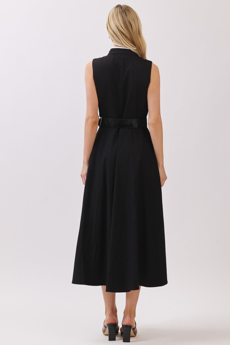 Classic Contrast Belted Midi Dress