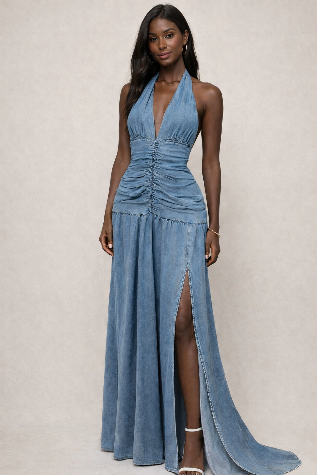Sapphire Tie-Back Ruched Denim Maxi Dress