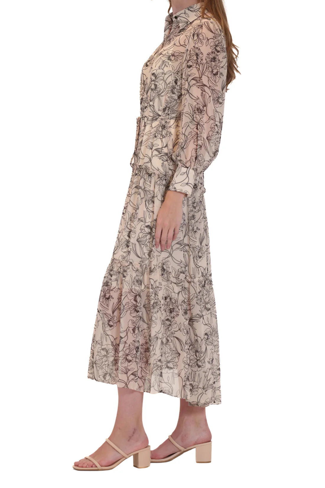 Chiffon Button Front Tie Belt Midi Shirt Dress