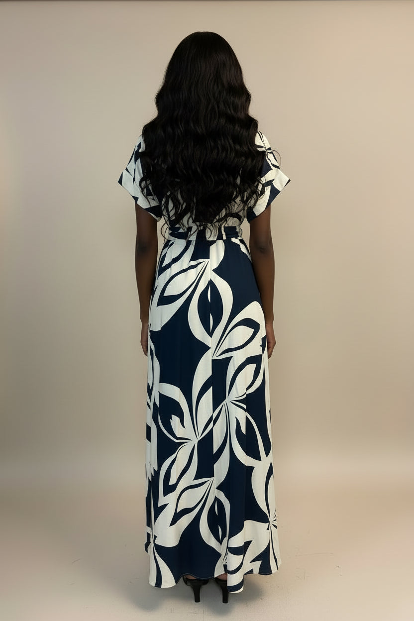 Monroe Navy and Cream Button front Maxi Dress