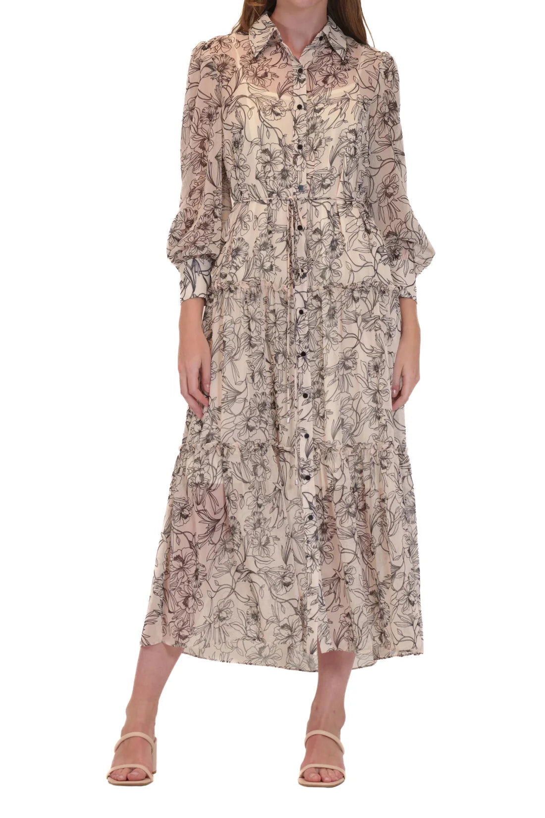 Chiffon Button Front Tie Belt Midi Shirt Dress