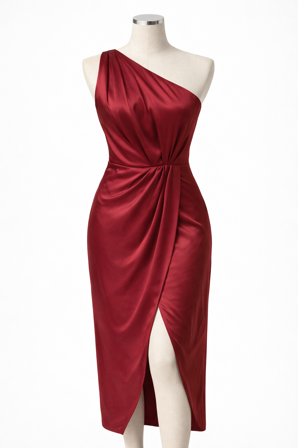 Burgundy One-Shoulder Draped Maxi Dress
