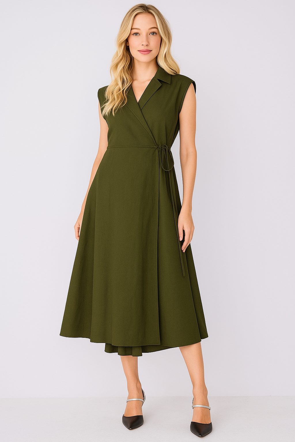 Olive Green Wrap Midi Dress