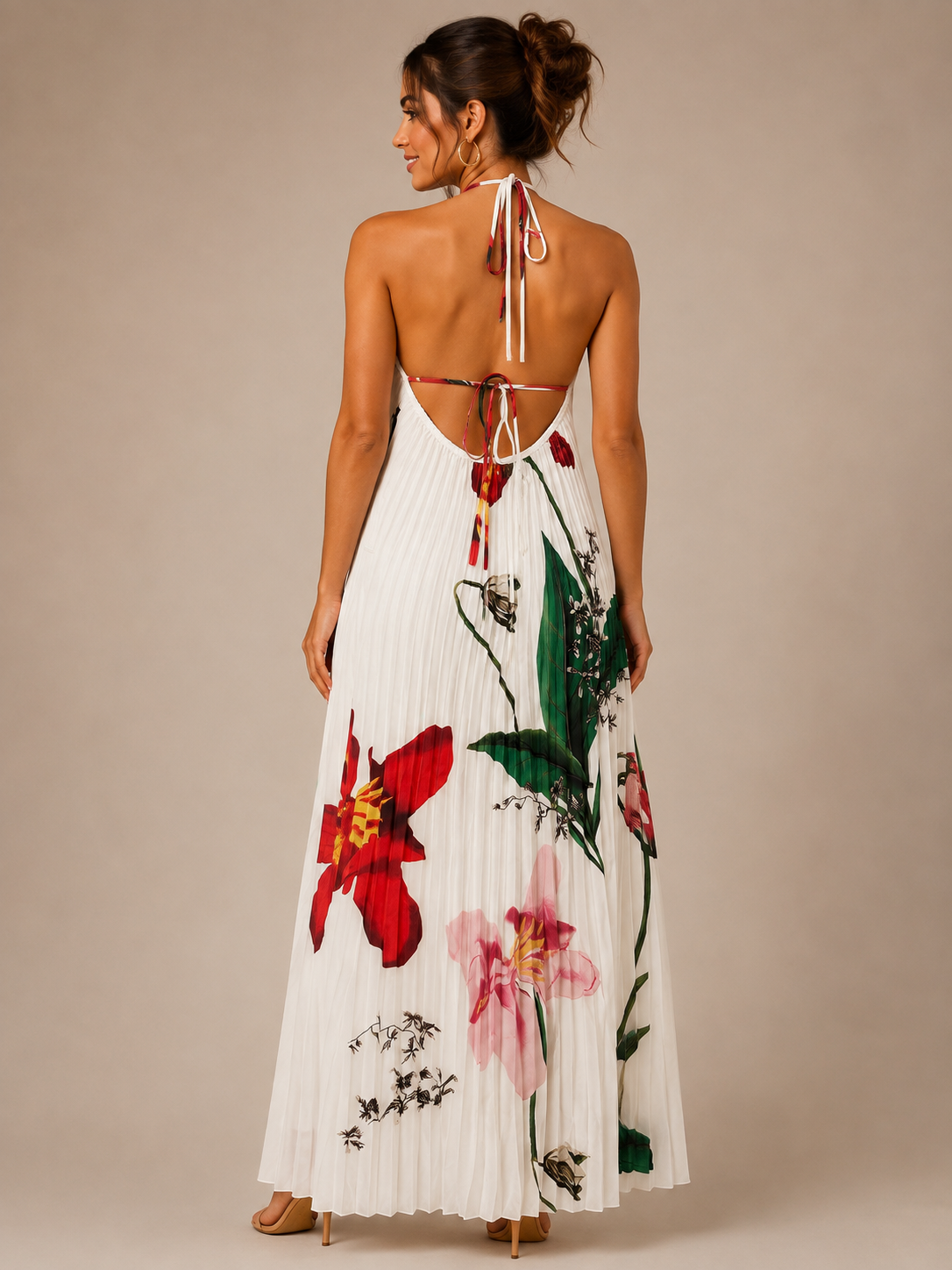 Scarlet Bloom Pleated Maxi Dress