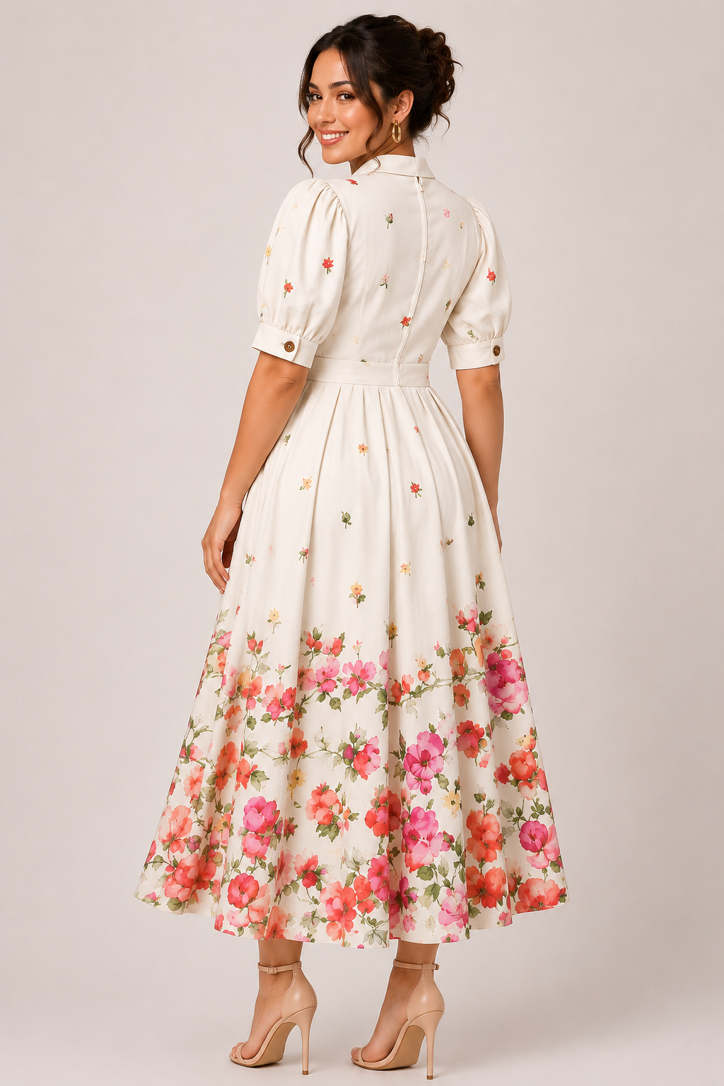 Cream Floral Midi Dress