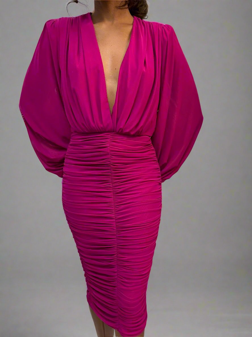Fuchsia Rouched Bodycon Midi Dress with Puff Sleeves XPRESS FASHION Fuchsia Rouched Bodycon Midi Dress with Puff Sleeves XPRESS FASHION