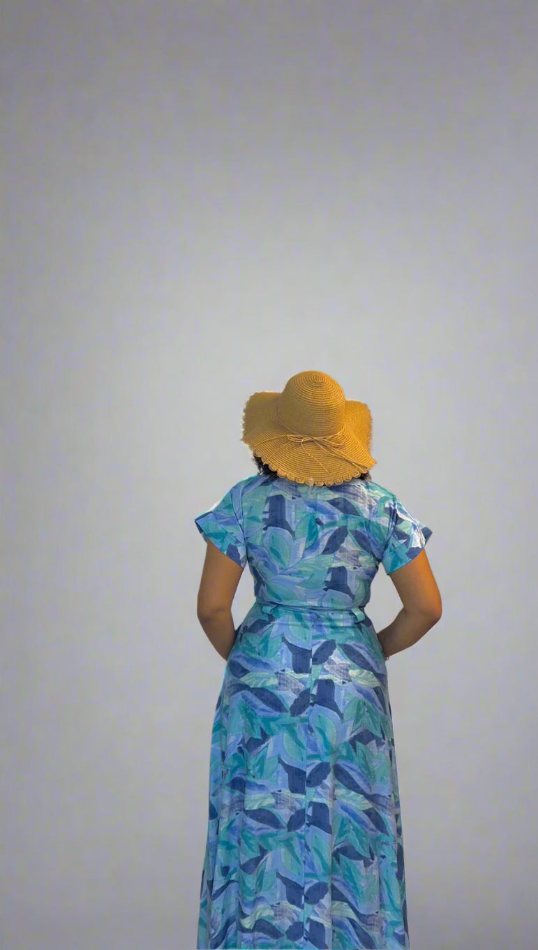 Blue leaf print button print dress