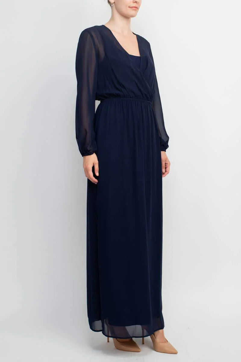 V-Neck Illusion Elastic Cuff Long Sleeve Slit Side Chiffon Dress