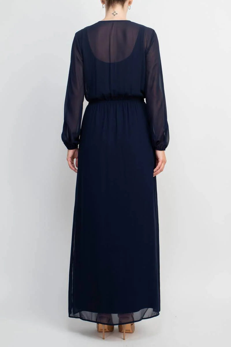 V-Neck Illusion Elastic Cuff Long Sleeve Slit Side Chiffon Dress