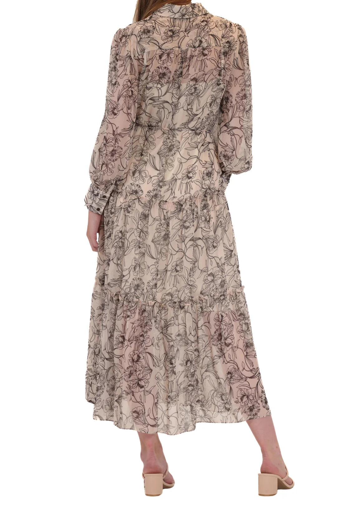 Chiffon Button Front Tie Belt Midi Shirt Dress