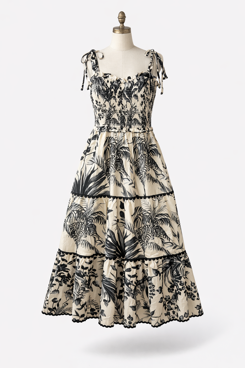 Palm Noir Tiered Midi Dress