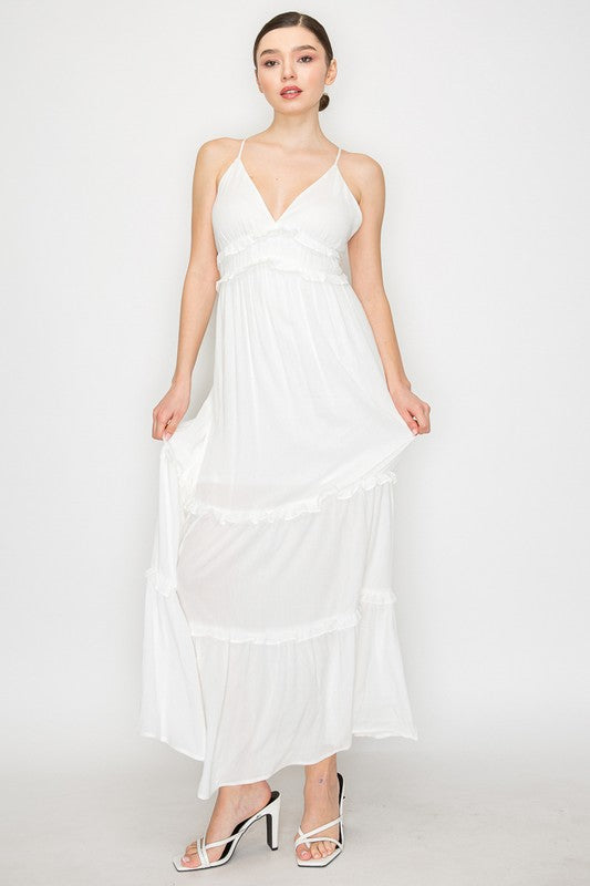 Crossed-Back Ruffle Trim Tiered Dress