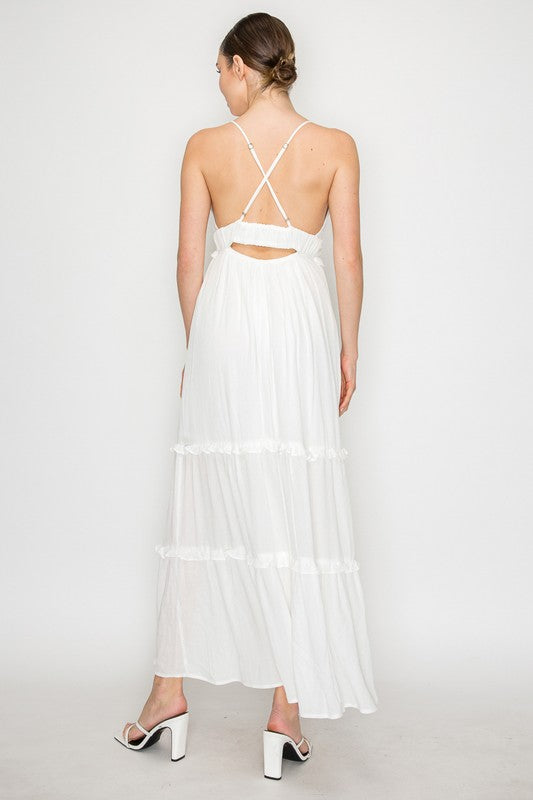 Crossed-Back Ruffle Trim Tiered Dress