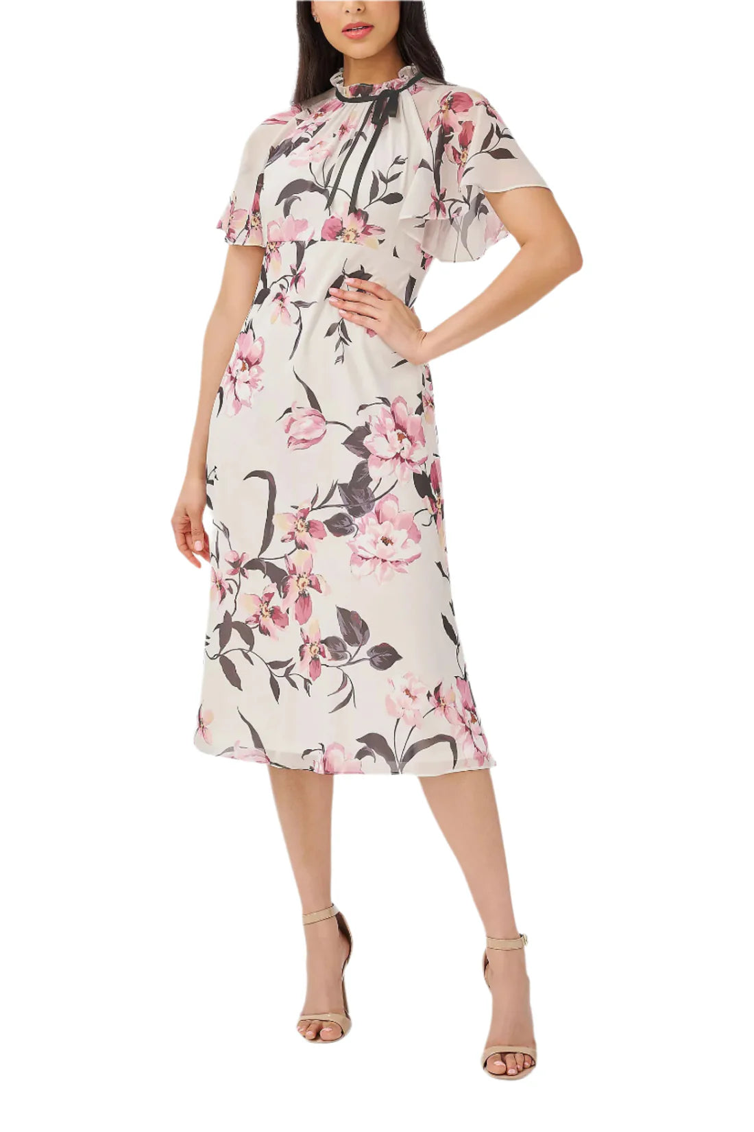 Halter Neck Short Flutter Sleeves Midi Floral Dress