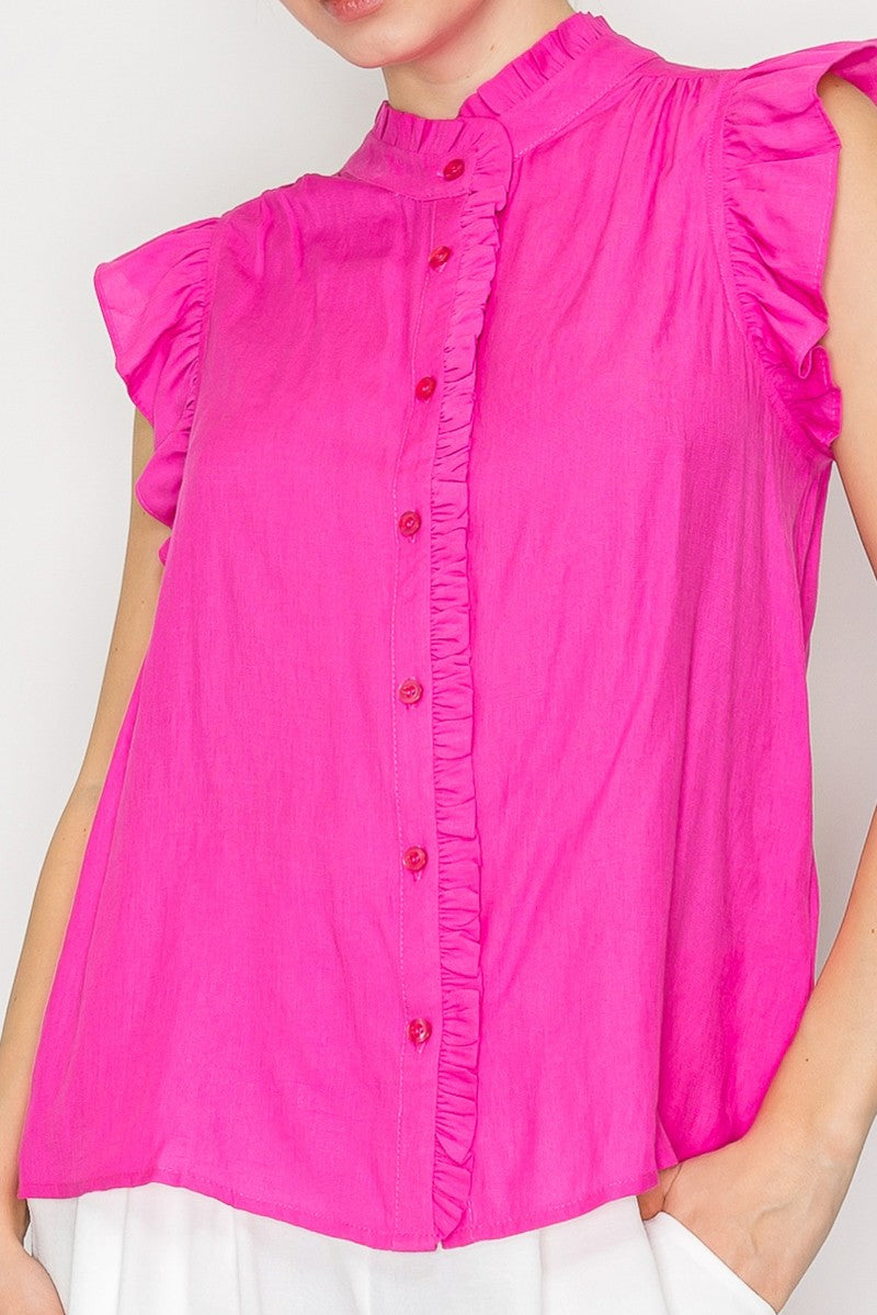 Ruffled Mock Neck Buttoned Top