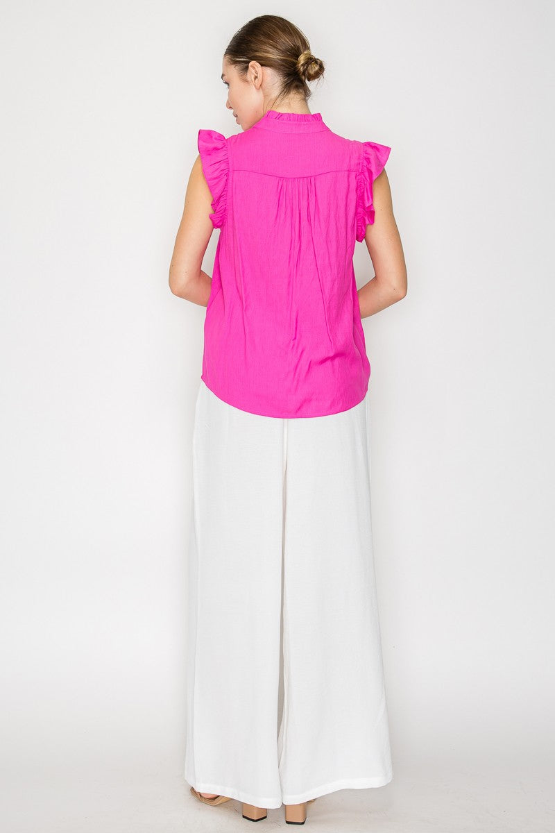 Ruffled Mock Neck Buttoned Top