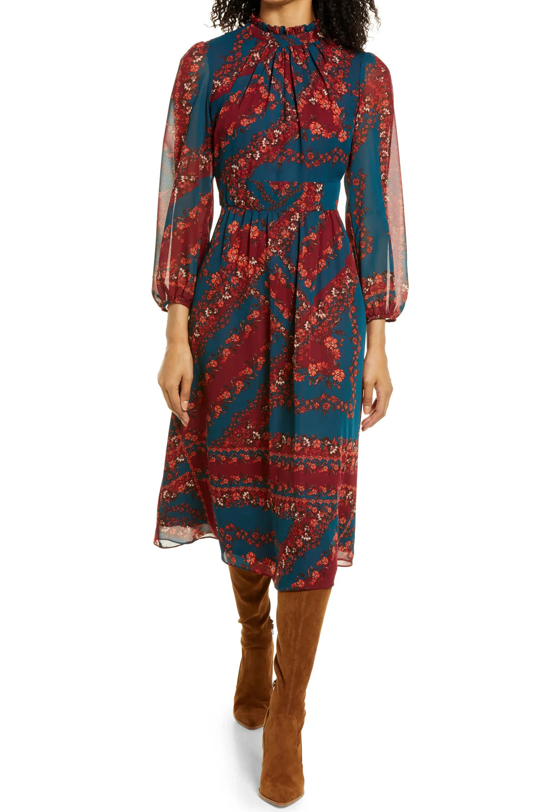 Floral Long Sleeve A-Line Midi Dress