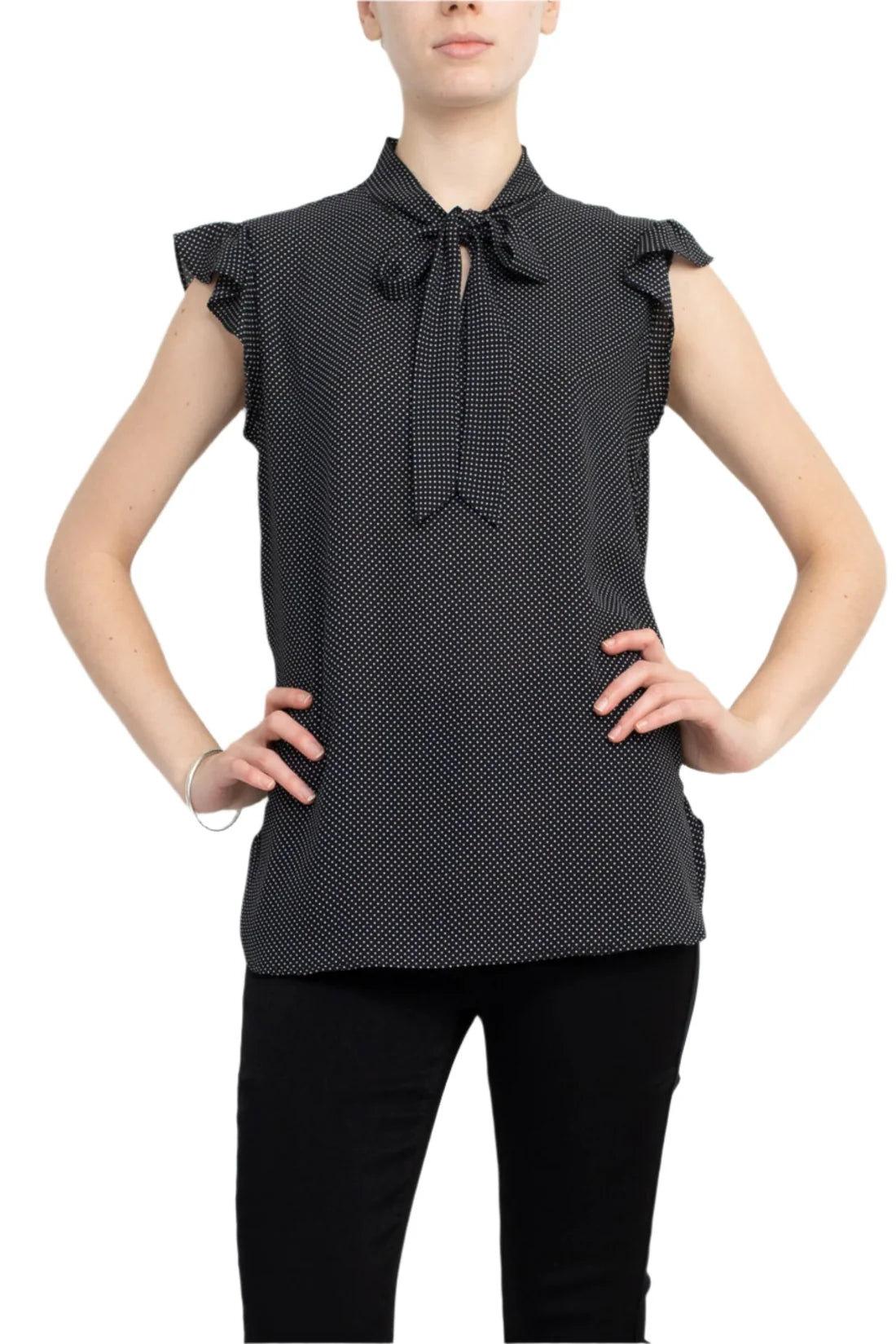 Tie Neck Flutter Sleeve Mini Polka Dot Print Top