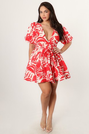FLORAL PATTERN V-NECK WRAP STYLE DRESS