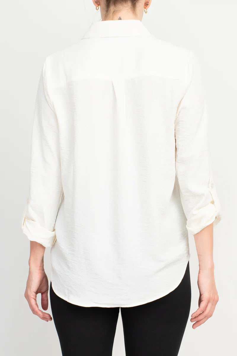 Roll-Up Sleeve Button Down Collared Crepe Blouse
