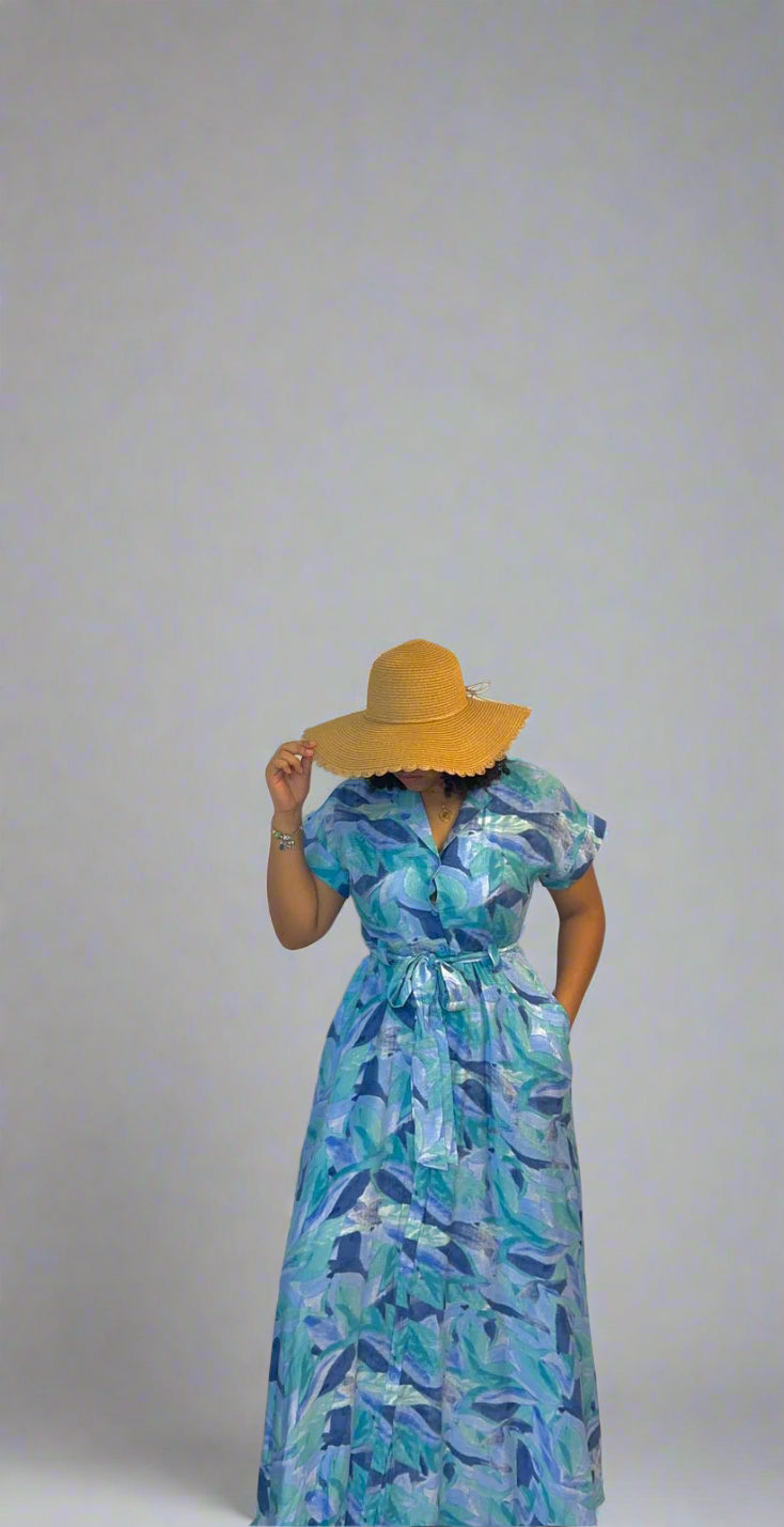 Blue leaf print button print dress