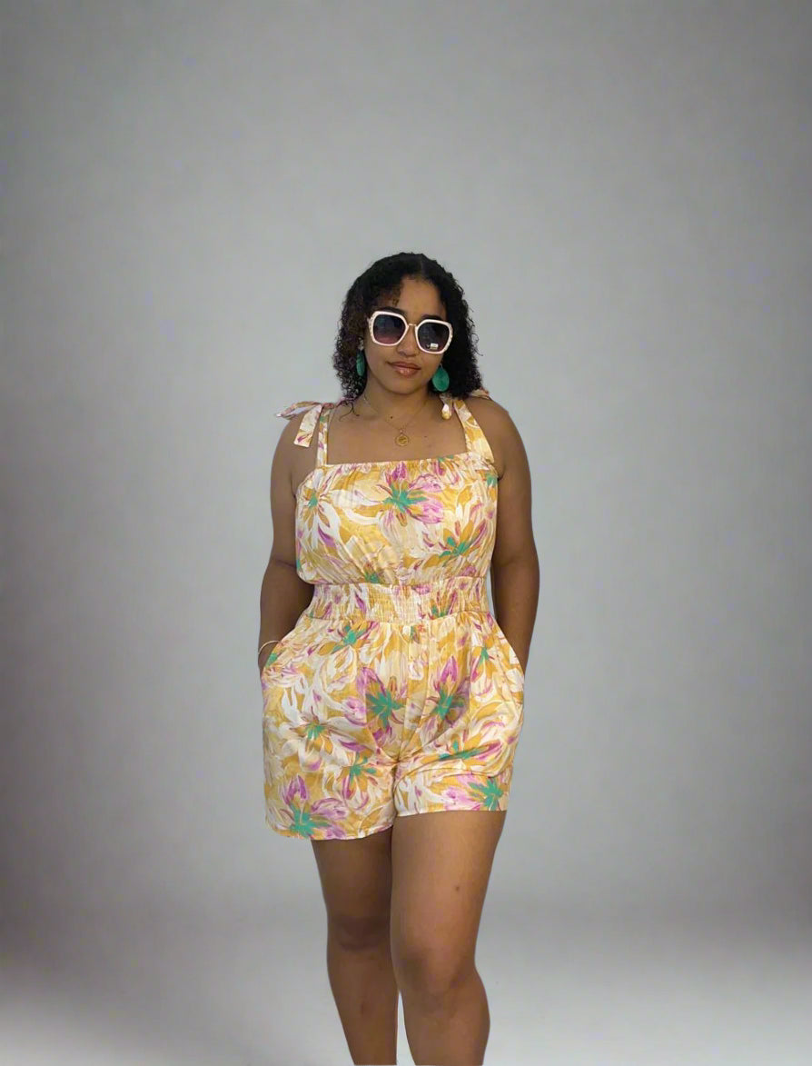 Floral print shoulder tie romper