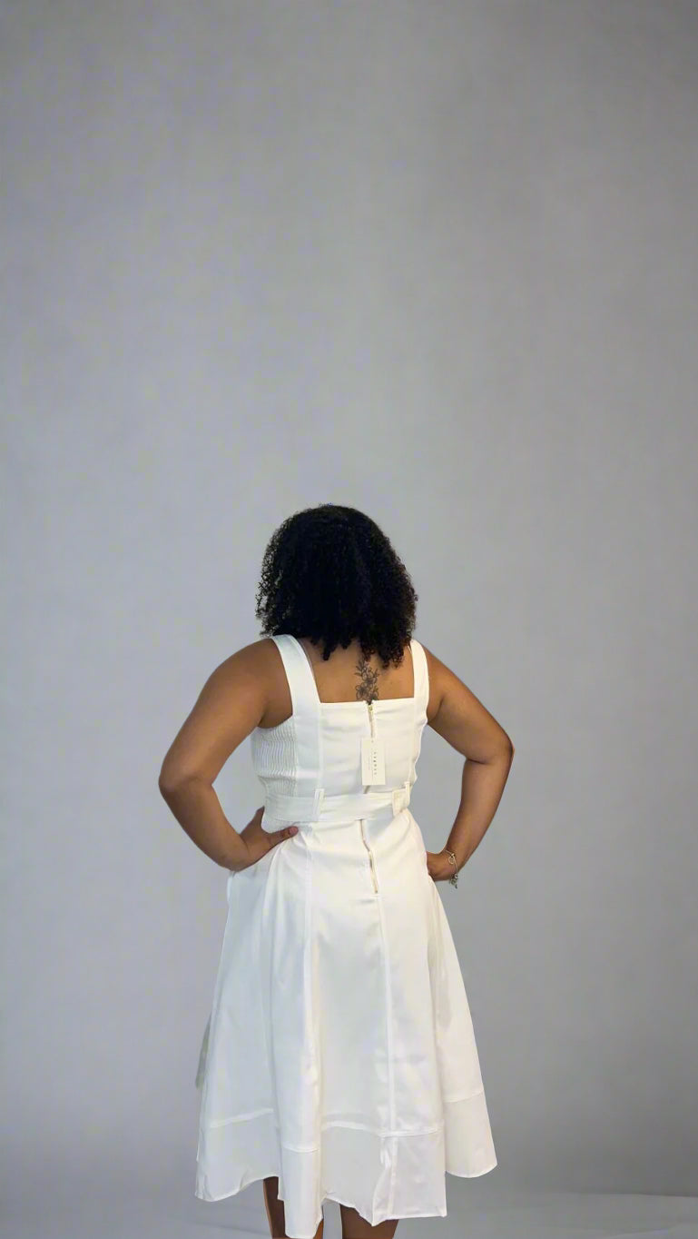 White cotton button belted midi dress