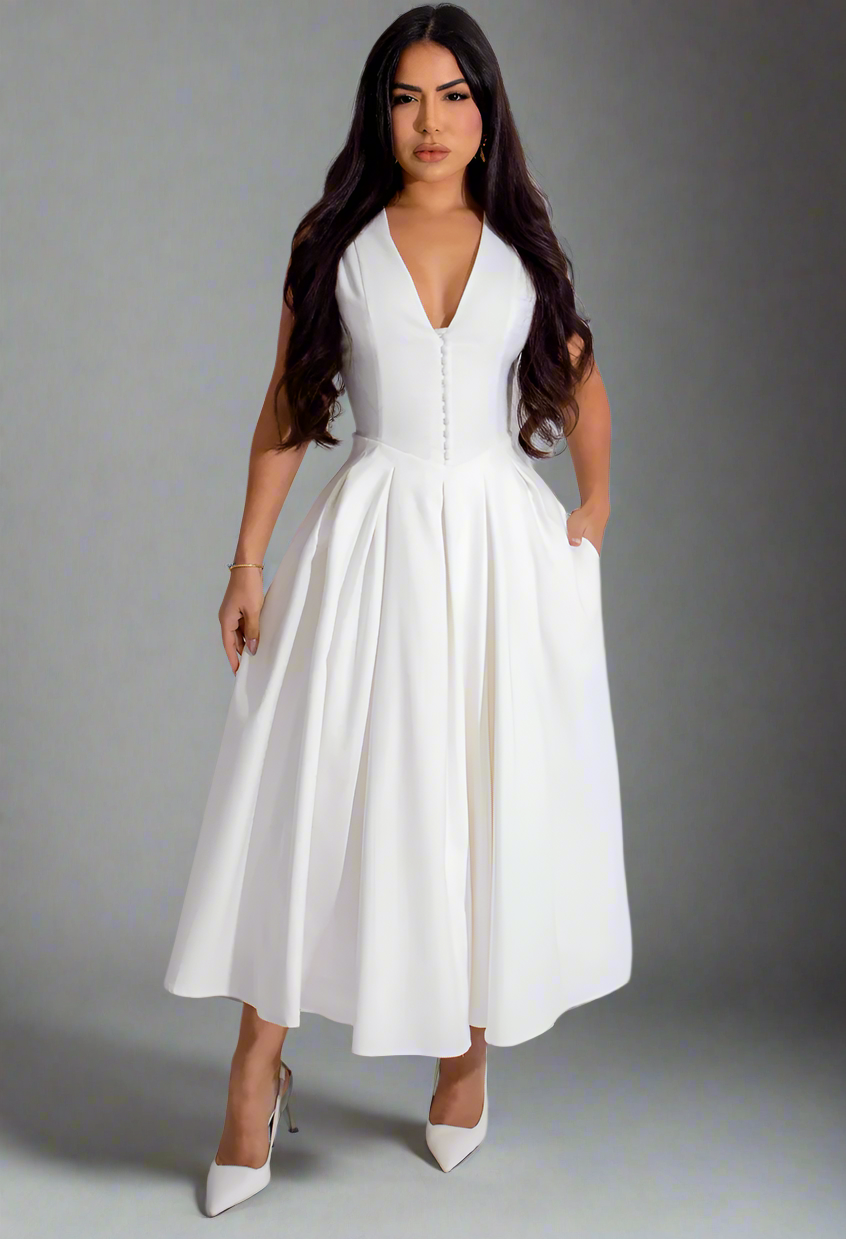 Timeless Elegance Midi Dress White