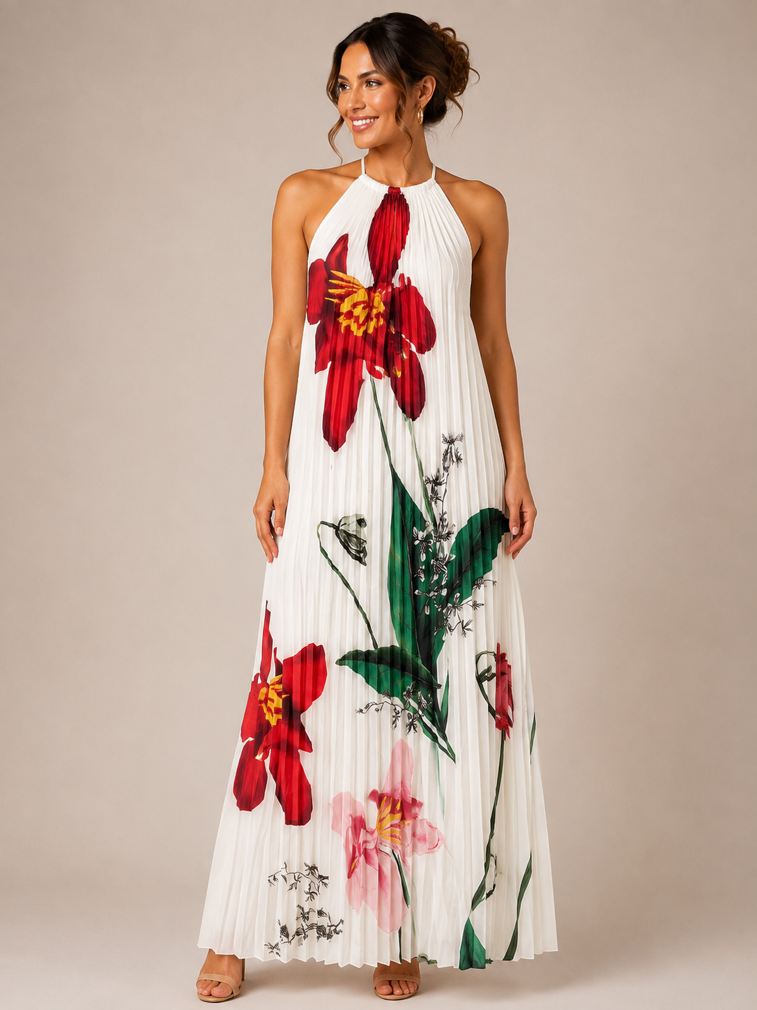 Scarlet Bloom Pleated Maxi Dress
