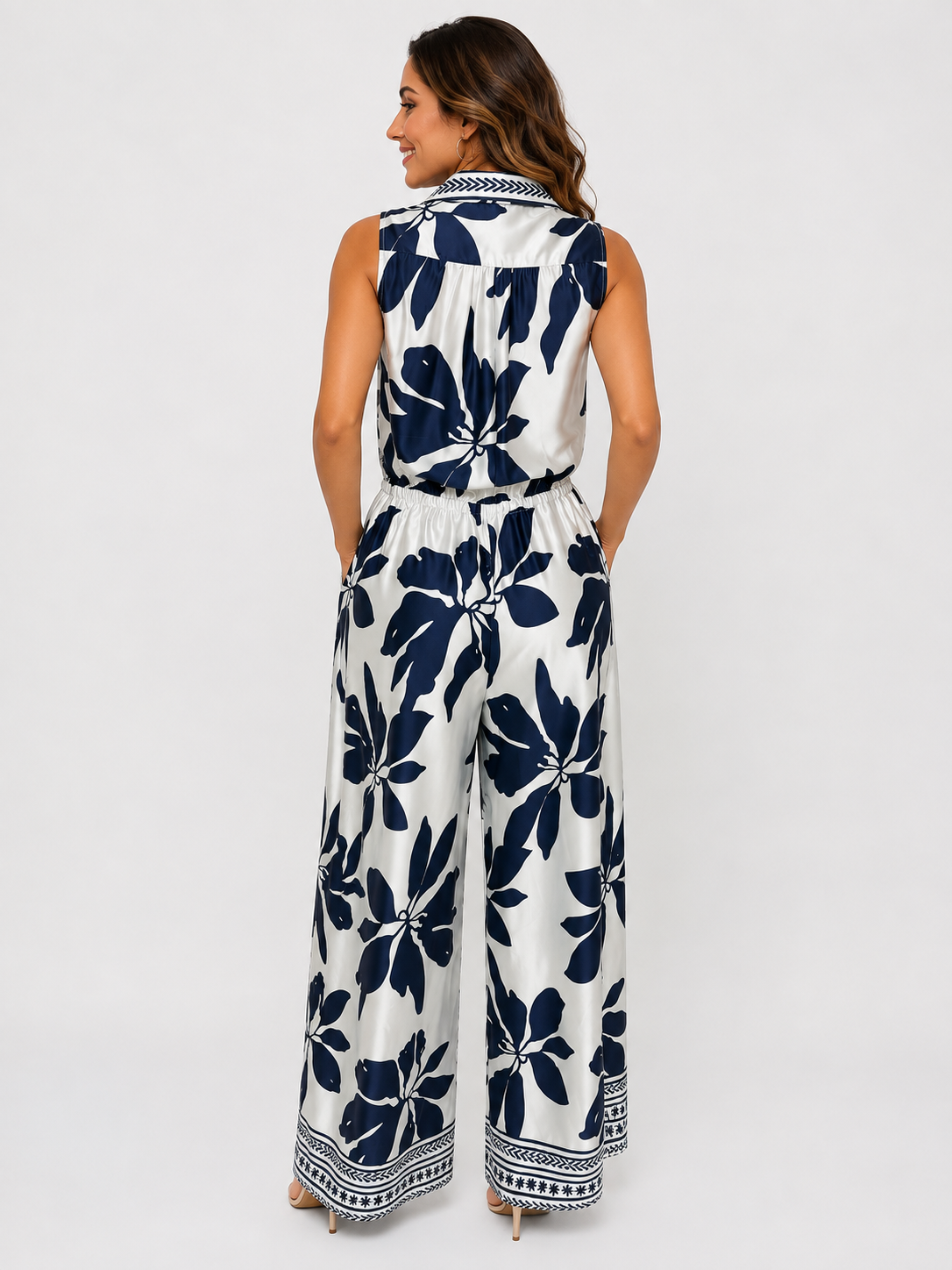 Navy & White Tropical Print Wide-Leg Jumpsuit