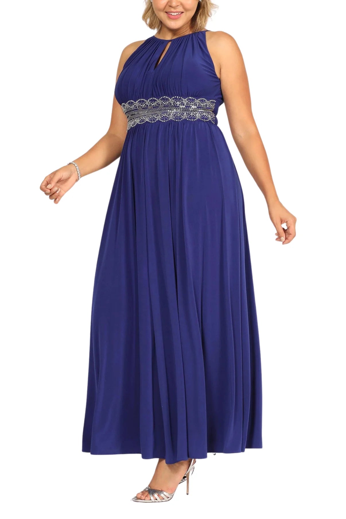 Keyhole Neckline Sleeveless Cinched Embellished Sequin Beads Waist Maxi Gown Dress