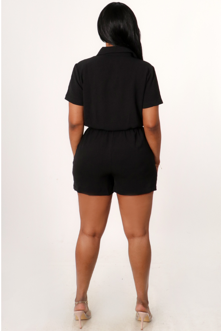 BUTTON DOWN DRAWSTRING CINCHED WAIST ROMPER
