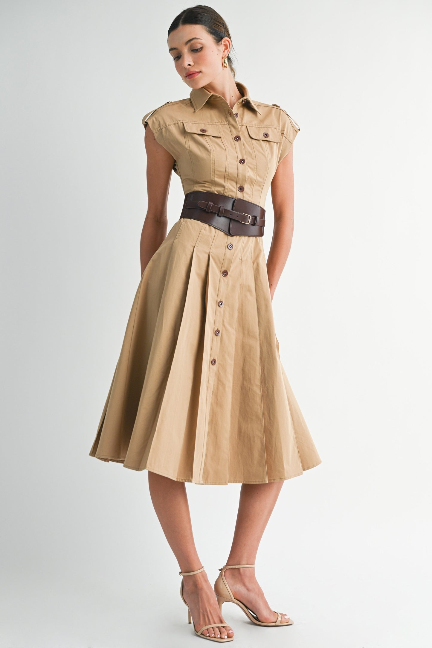 Tan Button Down Midi Dress