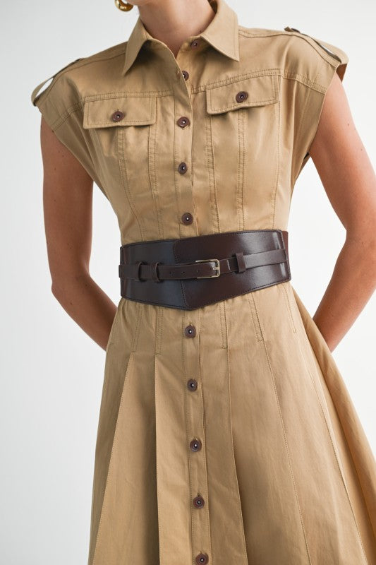 Tan Button Down Midi Dress