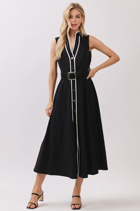 Classic Contrast Belted Midi Dress