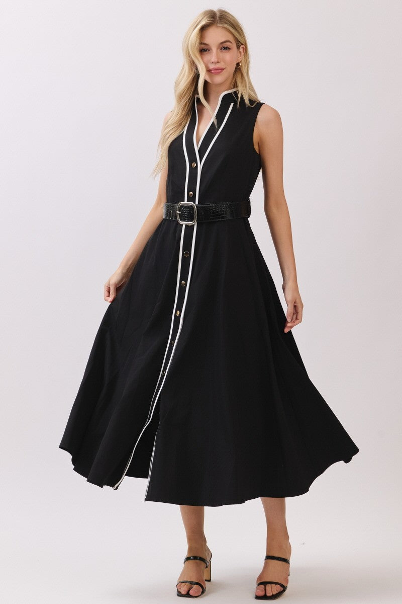 Classic Contrast Belted Midi Dress