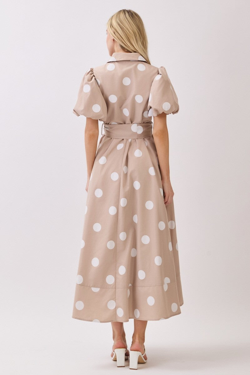 Woven Big Polka Dot Short Bubble Sleeve Button Down Maxi Dress
