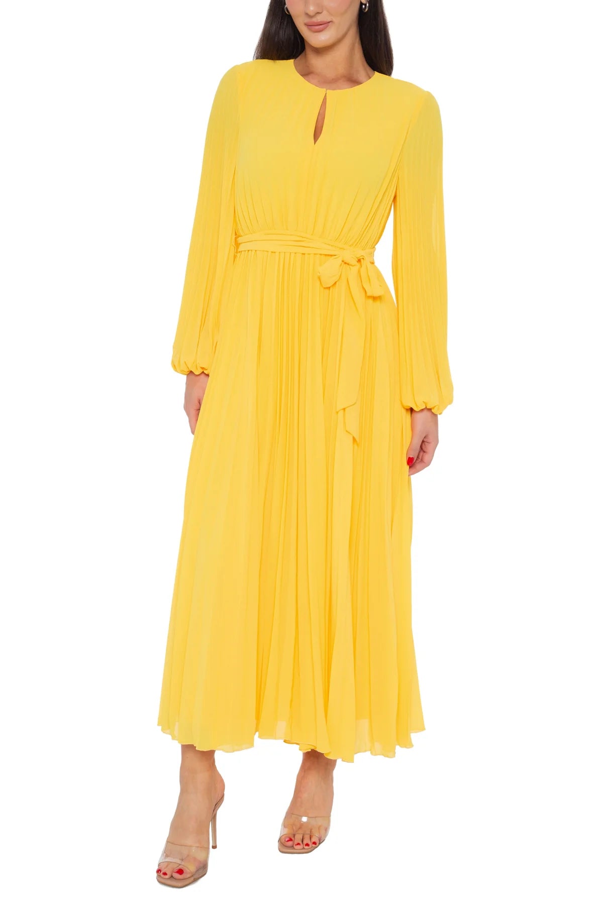 Keyhole Neckline Empire Waist with Tie Pleated Skirt Maxi Dress
