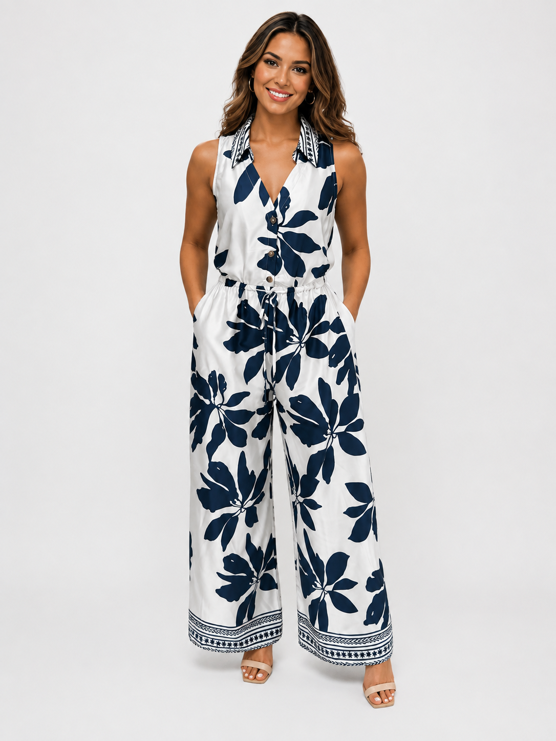 Navy & White Tropical Print Wide-Leg Jumpsuit