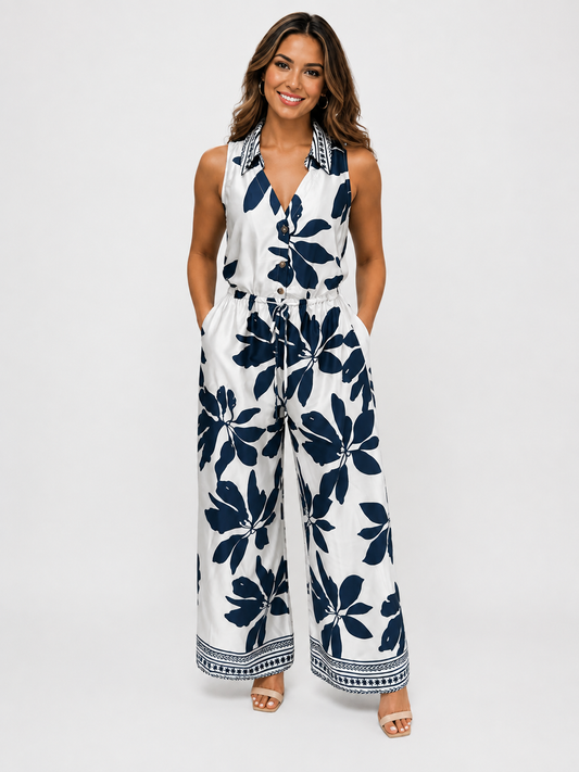 Navy & White Tropical Print Wide-Leg Jumpsuit