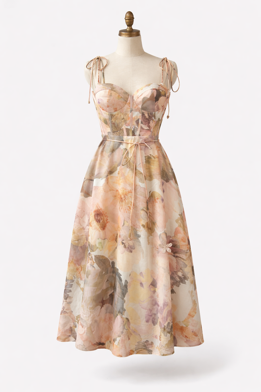 Ethereal Bloom Sweetheart Midi Dress