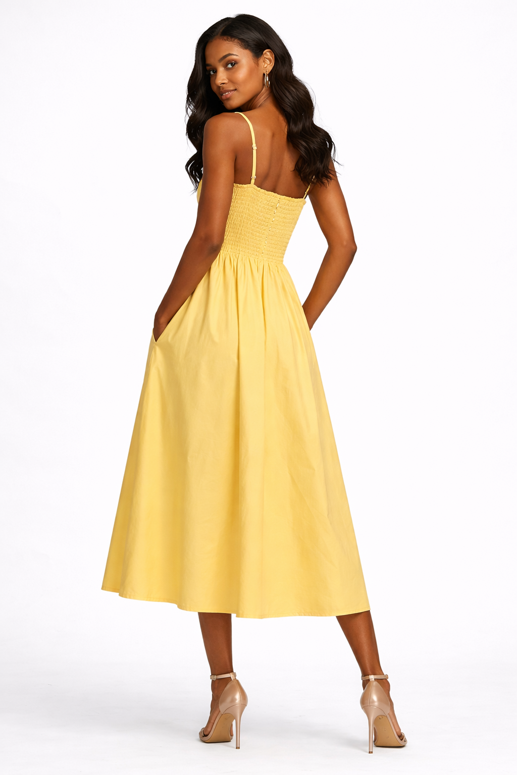 Golden Glow Pocket Midi Dress