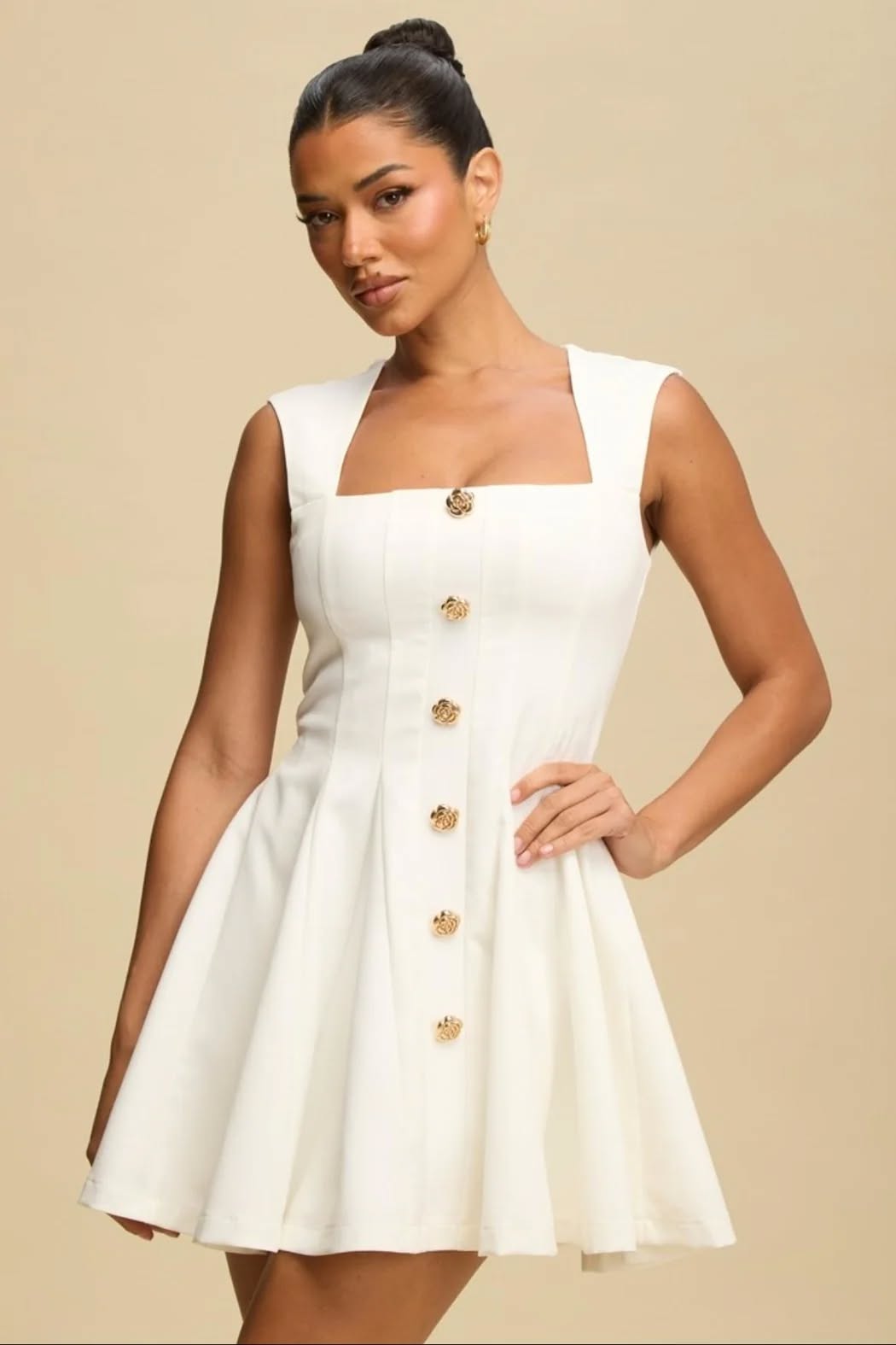 Golden Button Square Neck Mini Dress