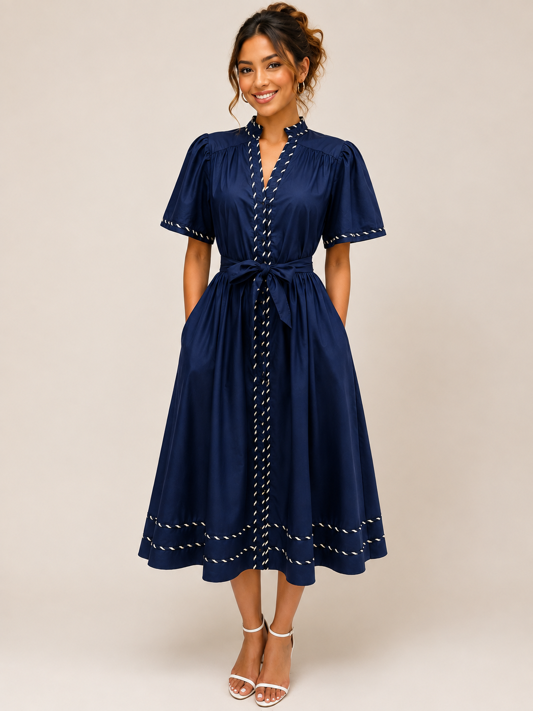 Navy Trim Detail Midi Dress