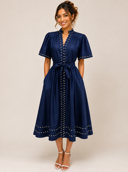 Navy Trim Detail Midi Dress