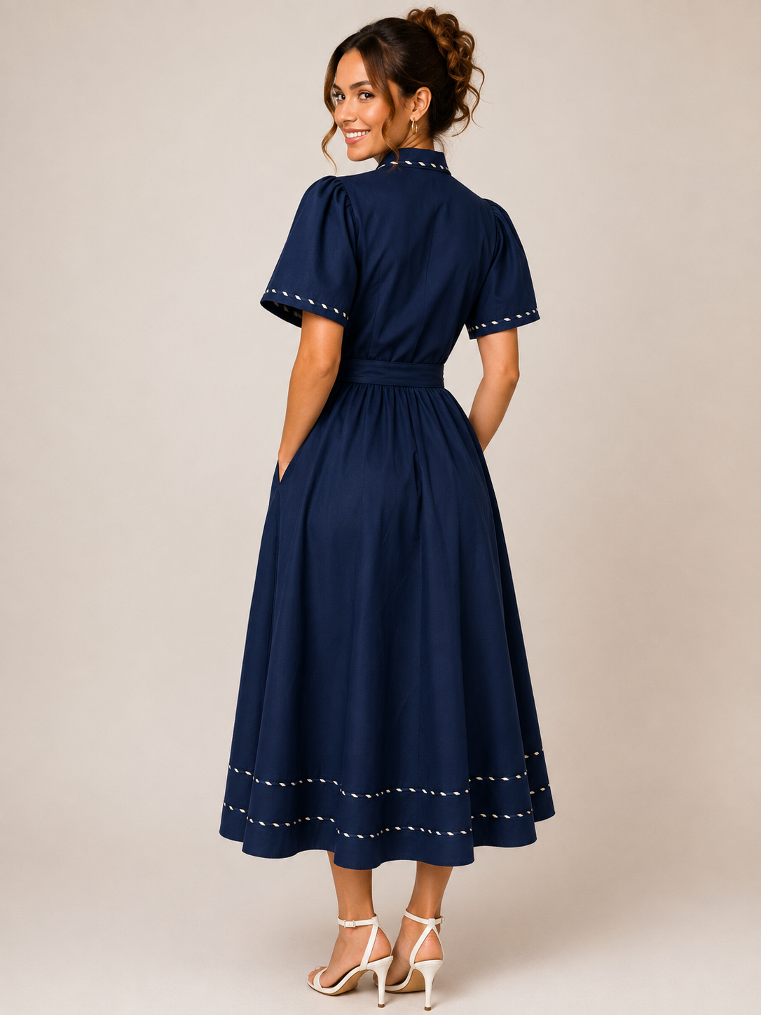 Navy Trim Detail Midi Dress