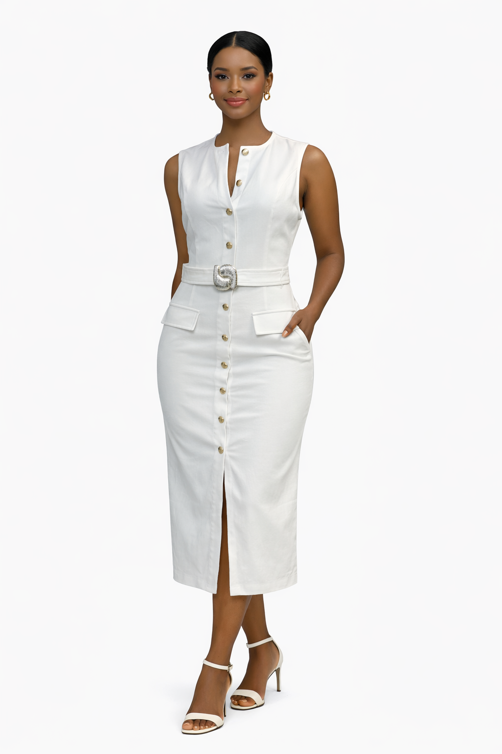 Sleeveless White Midi Dress