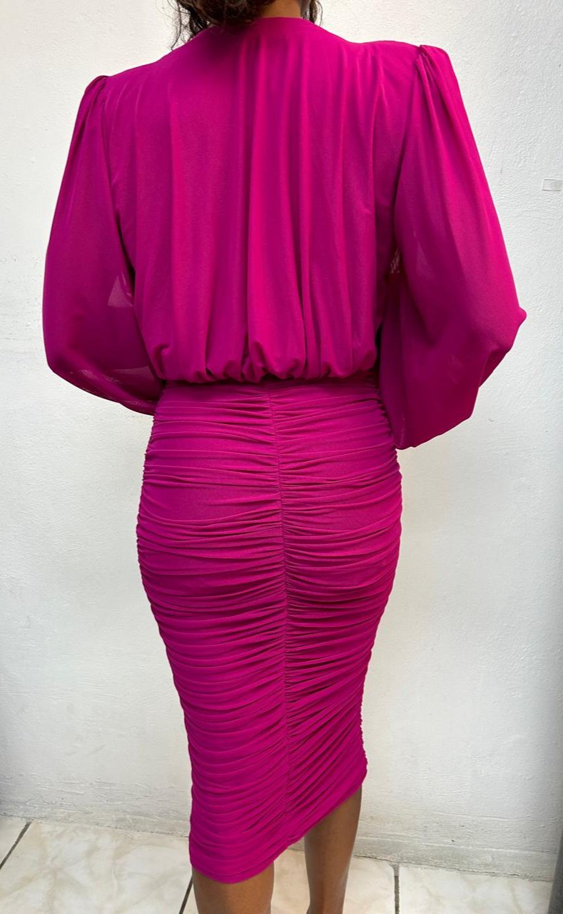 Fuchsia Rouched Bodycon Midi Dress with Puff Sleeves