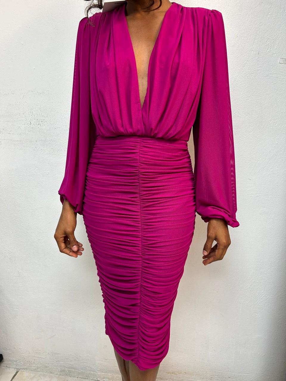 Fuchsia Rouched Bodycon Midi Dress with Puff Sleeves